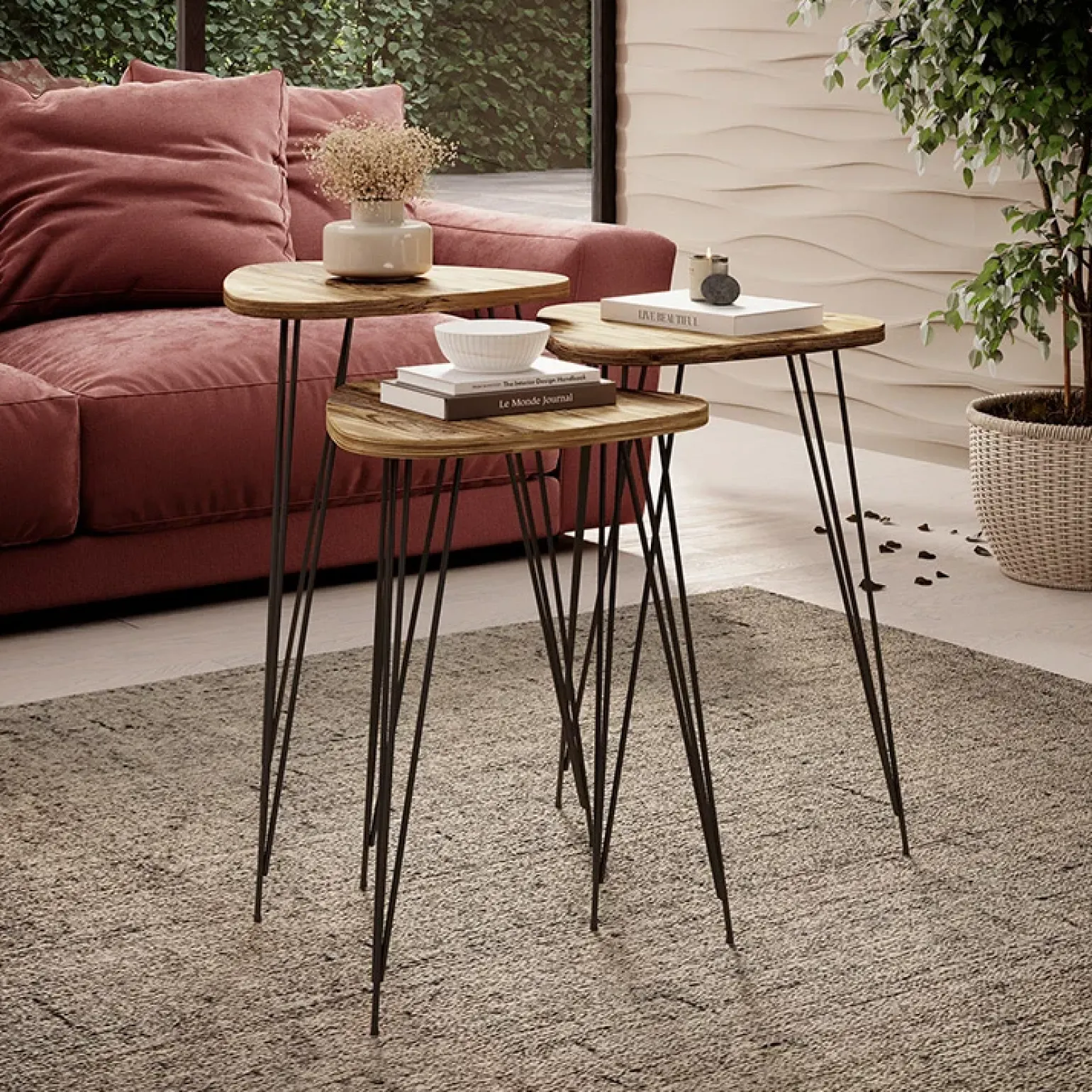 Set 3 tavolini da salotto industrial rovere metallo Agnes