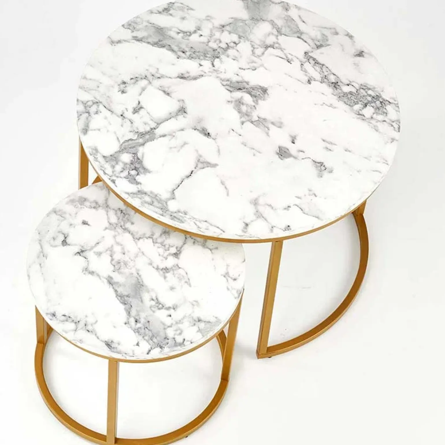Set 2 tavolini rotondi da salotto effetto marmo bianco oro Lepi