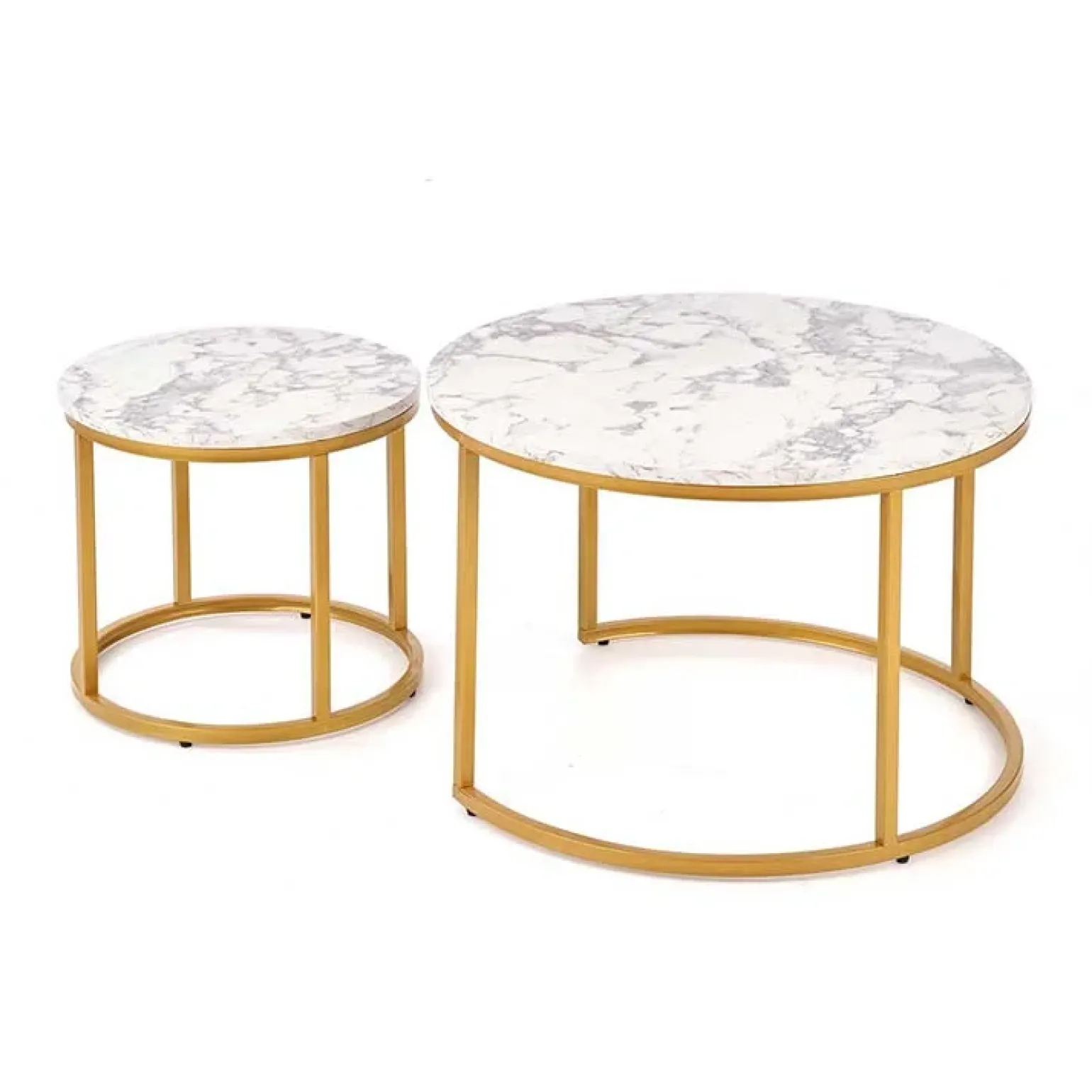 Set 2 tavolini rotondi da salotto effetto marmo bianco oro Lepi