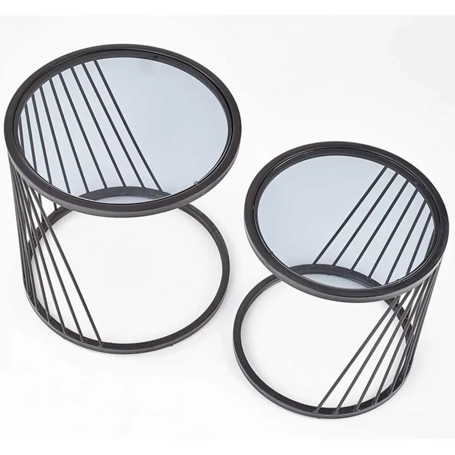 Set 2 tavolini 40x30cm da salotto rotondi vetro fumè acciaio nero Foglia