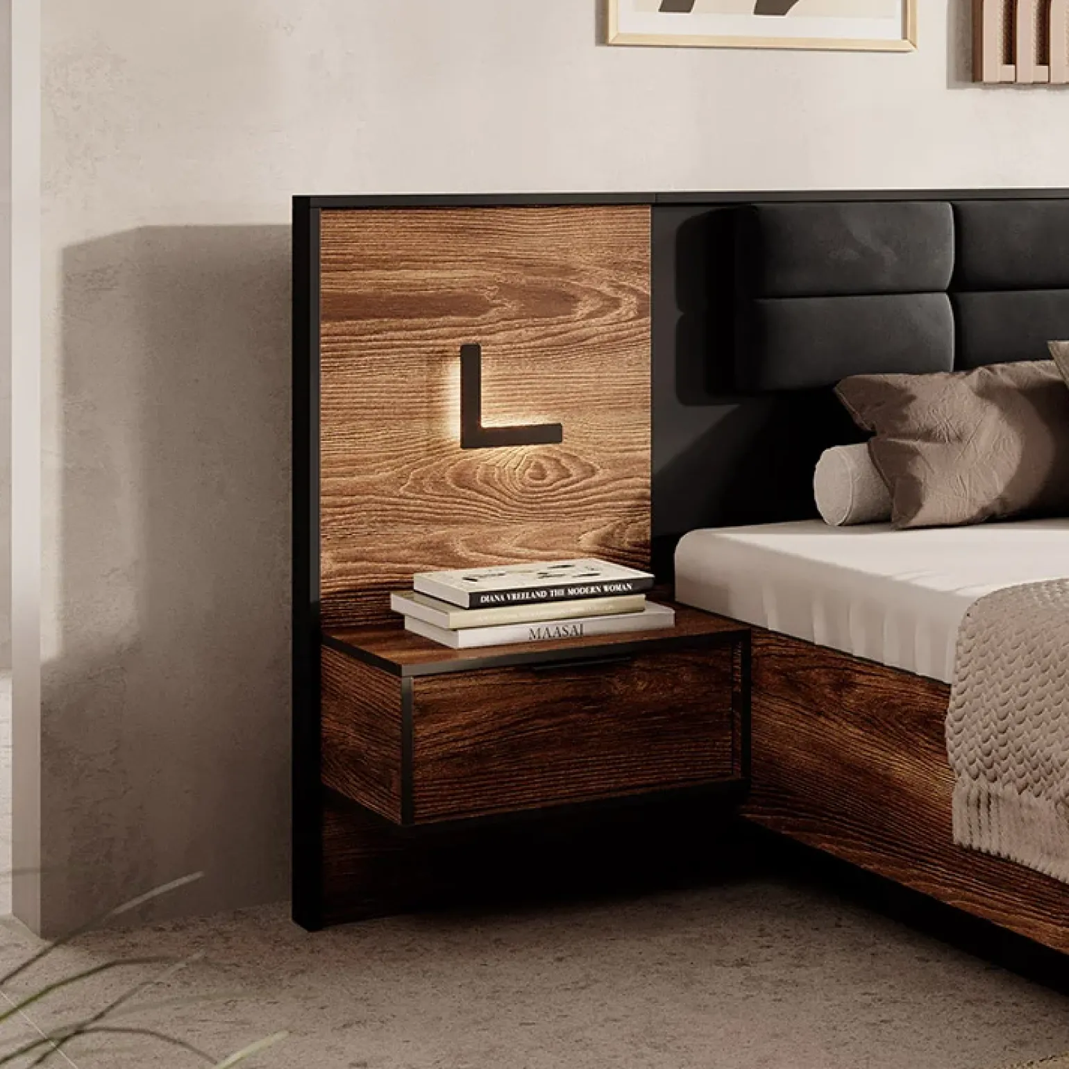 Set comodini 49x102h cm con led quercia nero Smooty