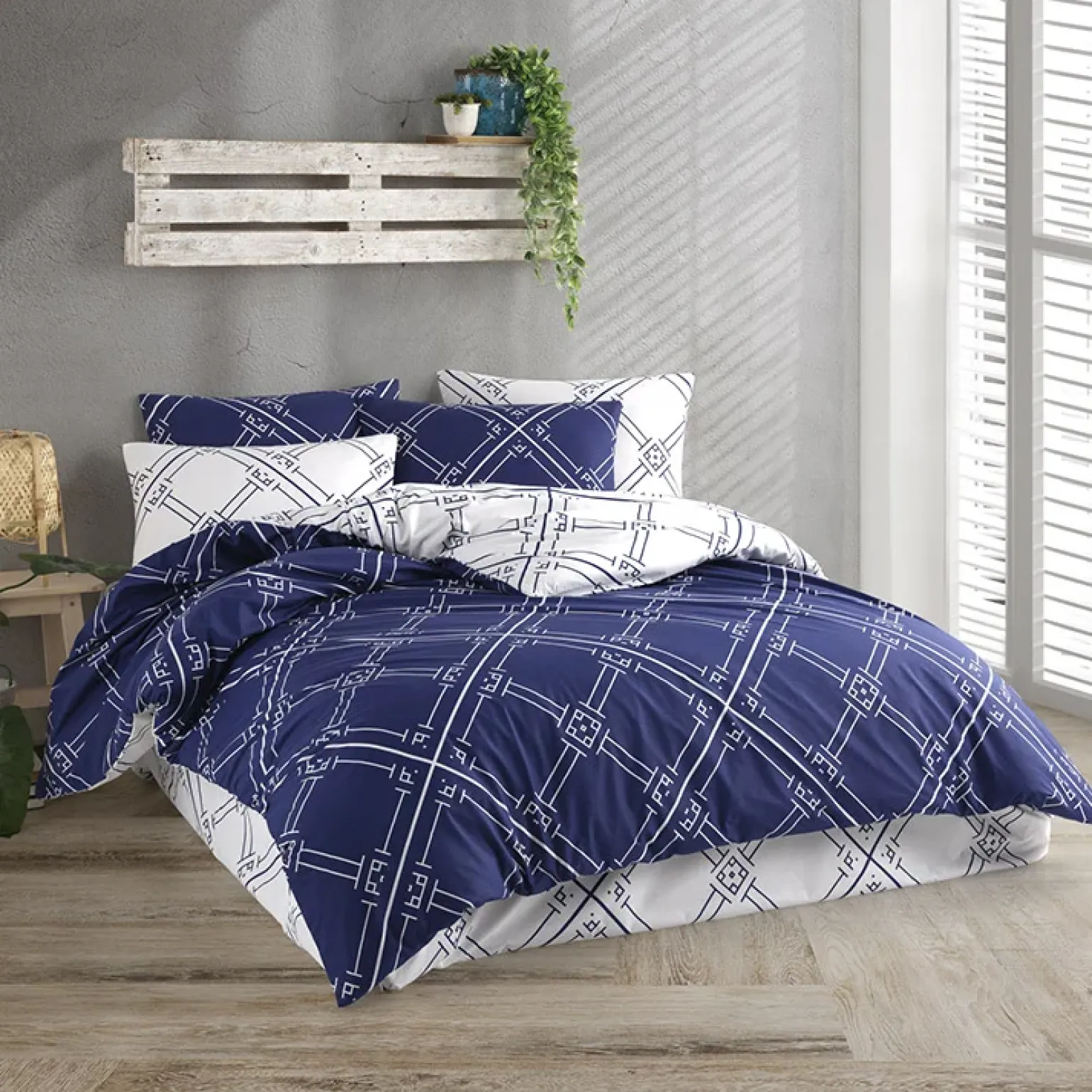 Set copripiumino matrimoniale e federe a quadri 220x240cm bianco blu Rosalin