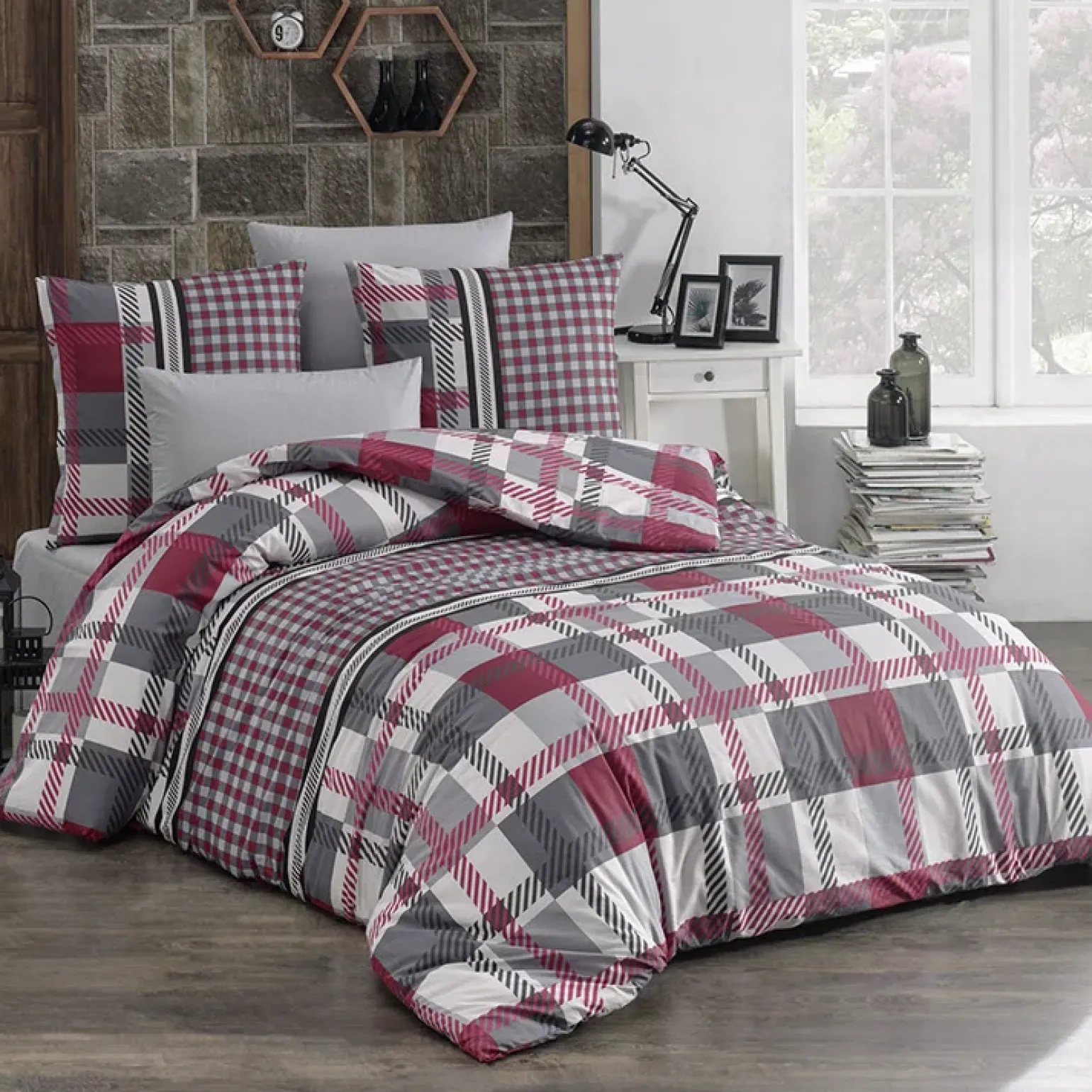 Set copripiumino matrimoniale e federe a quadretti 220x240cm rosso grigio Doroty
