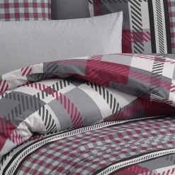 Set copripiumino matrimoniale e federe a quadretti 220x240cm rosso grigio Doroty