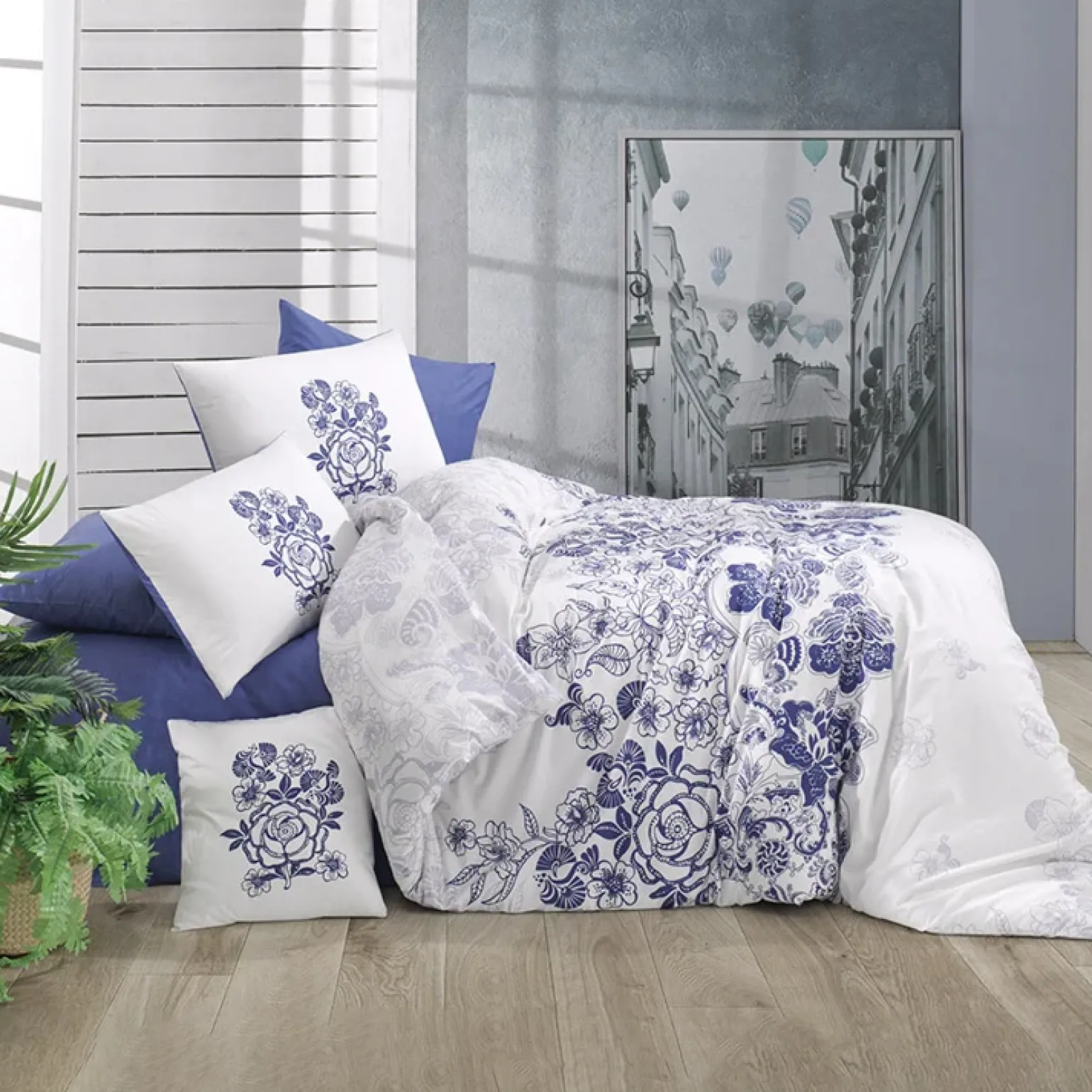 Set copripiumino singolo e federa 140x200cm floreale bianco blu Gordi