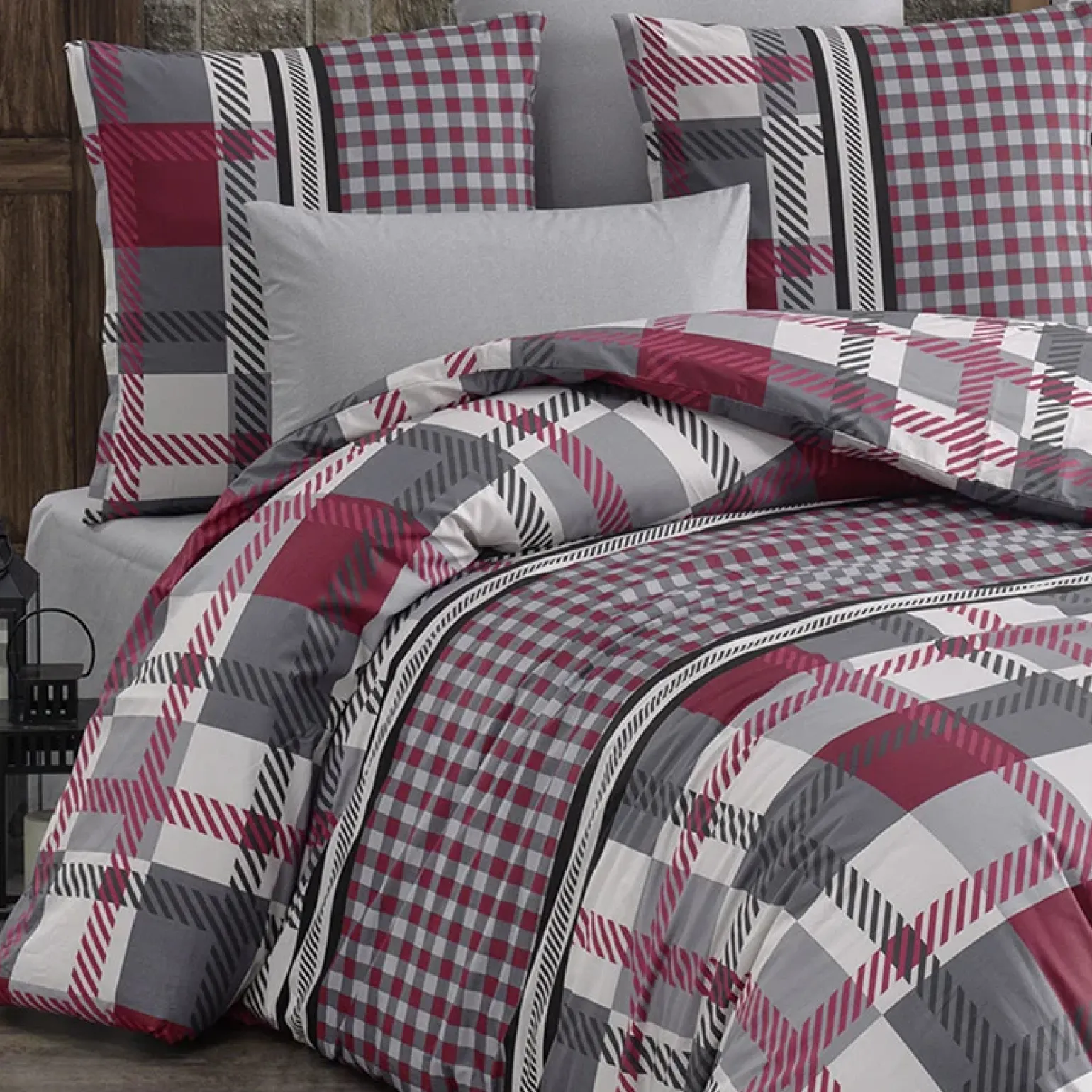 Set copripiumino singolo e federa a quadretti 140x220cm rosso grigio Doroty