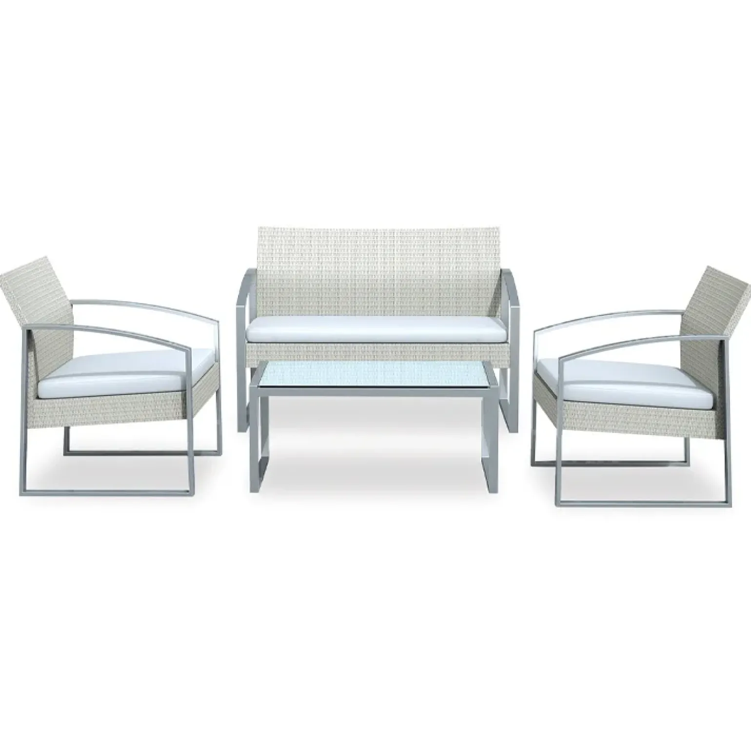 Set giardino 2 poltrone, divano e tavolino in rattan bianco Luca