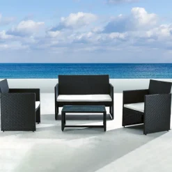 Set giardino 2 poltrone, divano e tavolino in rattan nero Mara