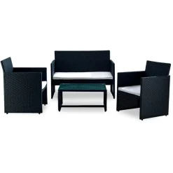 Set giardino 2 poltrone, divano e tavolino in rattan nero Mara