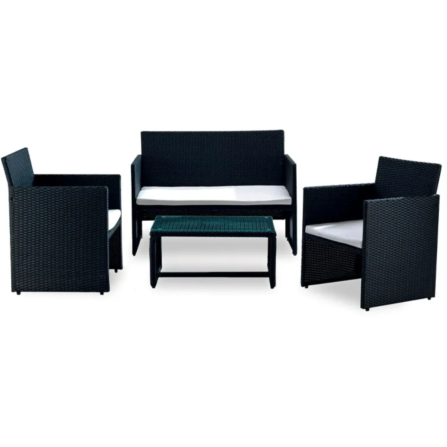 Set giardino 2 poltrone, divano e tavolino in rattan nero Mara