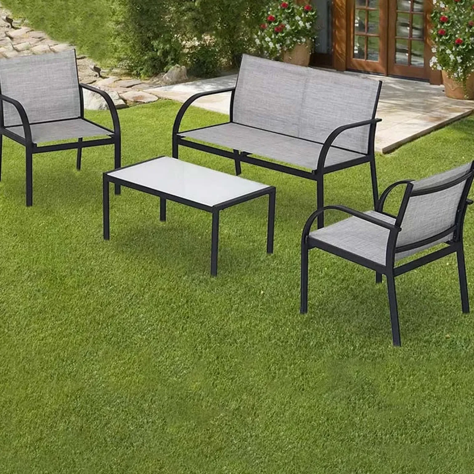 Set giardino 2 poltrone, divano e tavolino in textilene grigio Neiva