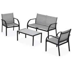 Set giardino 2 poltrone, divano e tavolino in textilene grigio Neiva