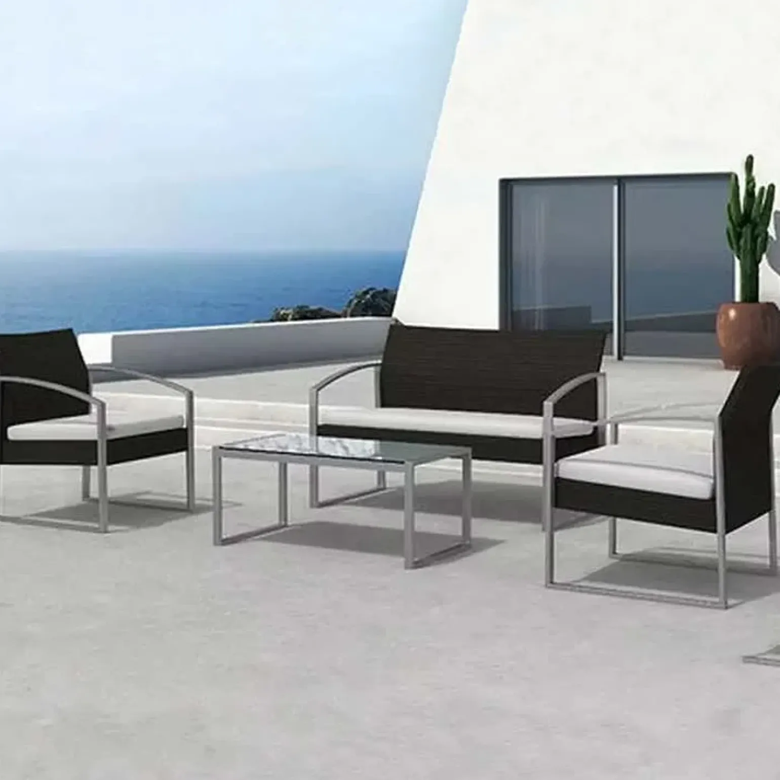 Set giardino 2 poltrone, divano e tavolino in rattan grigio Luca
