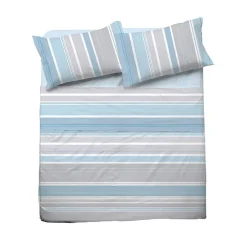 Set lenzuola matrimoniali  in cotone rigato azzurro grigio Sardina