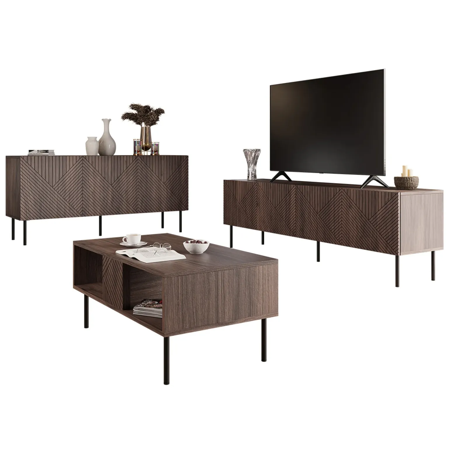 Set mobili soggiorno completo noce scuro con frontali serigrafati Savanna