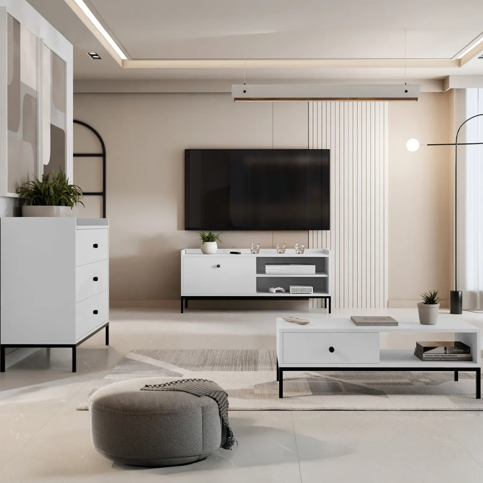 Set mobili soggiorno completo design moderno bianco Pollon 2