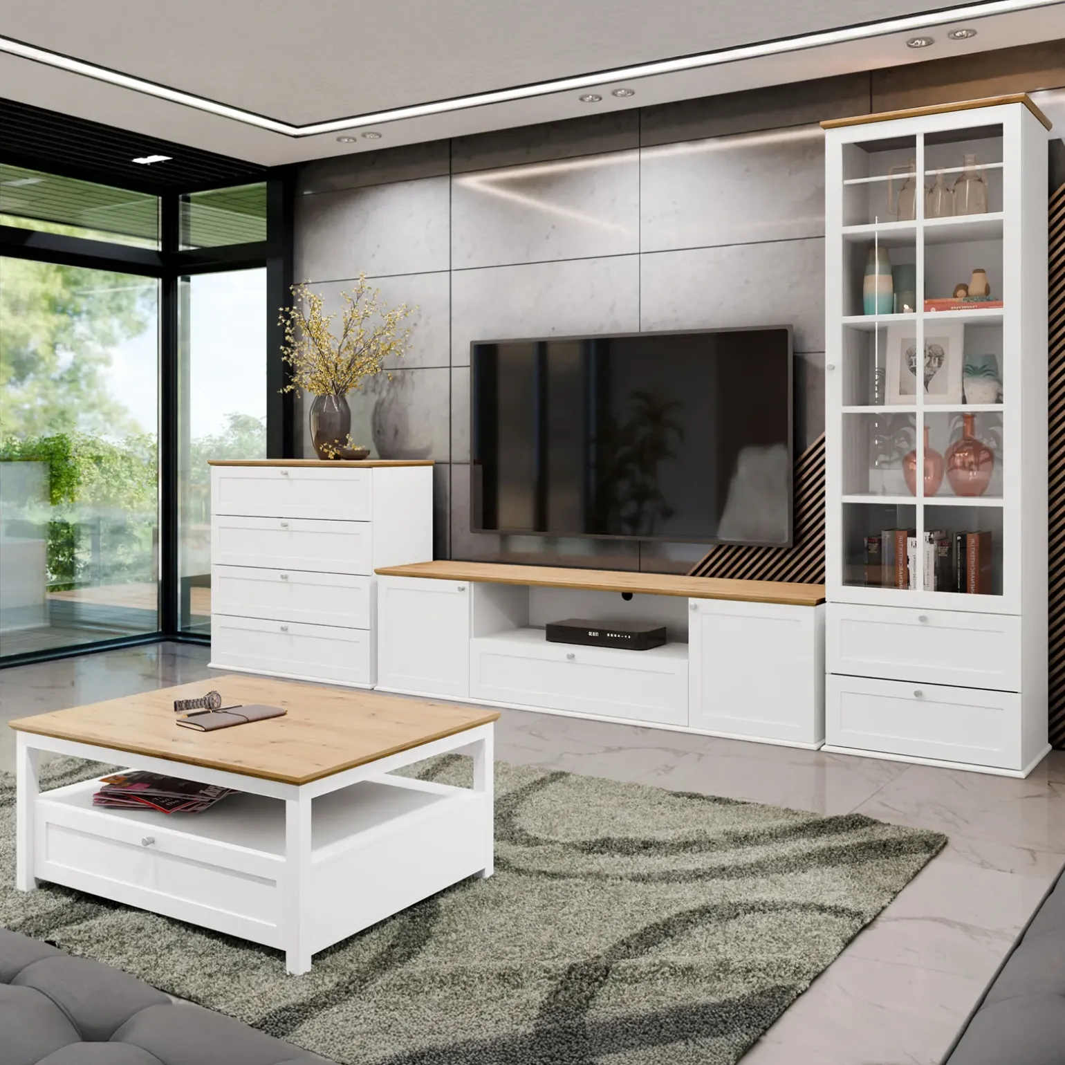Set mobili soggiorno completo moderno bianco rovere Relaxio