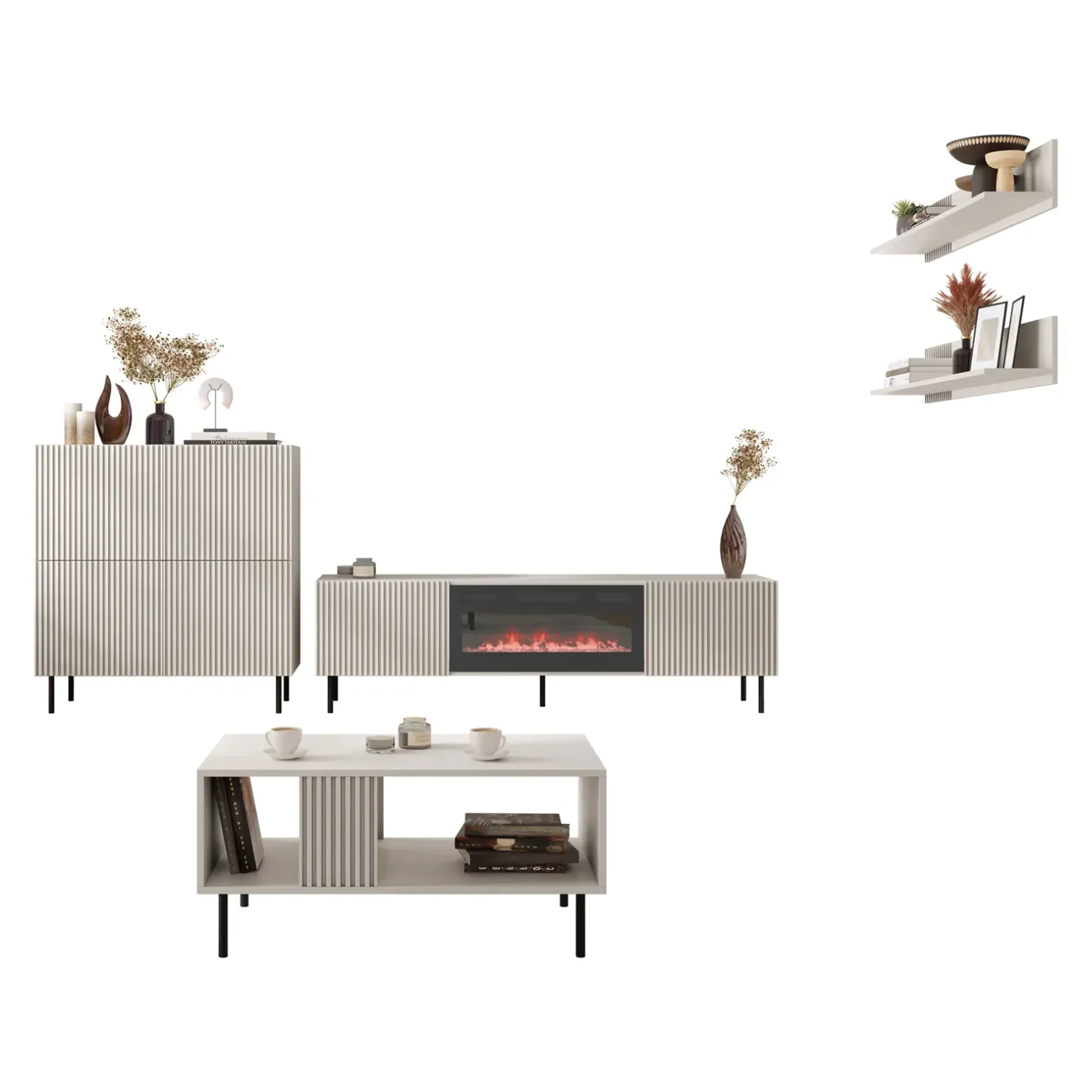 Set mobili soggiorno completo con frontali cannettati beige Ziggy 5