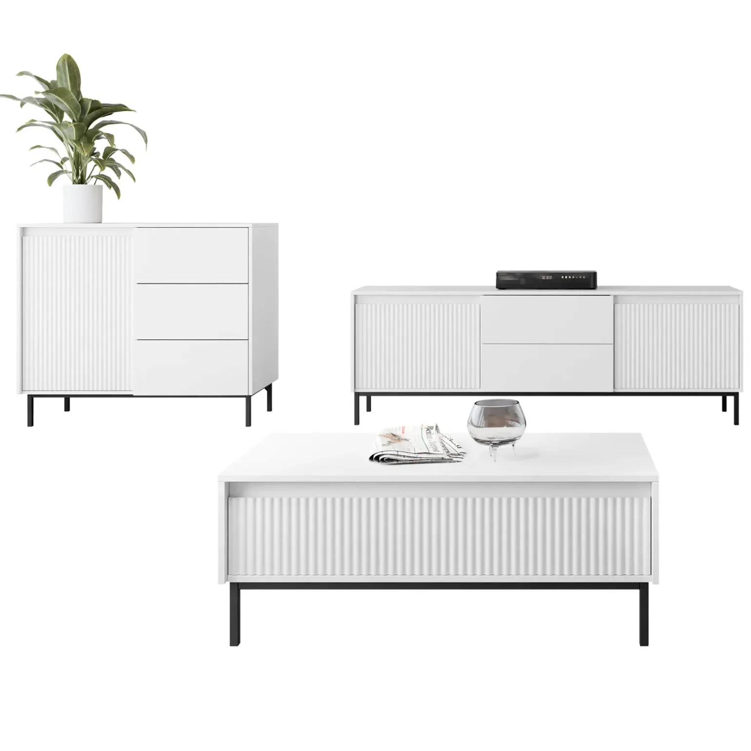 Set mobili soggiorno completo design cannettato bianco Strike 2