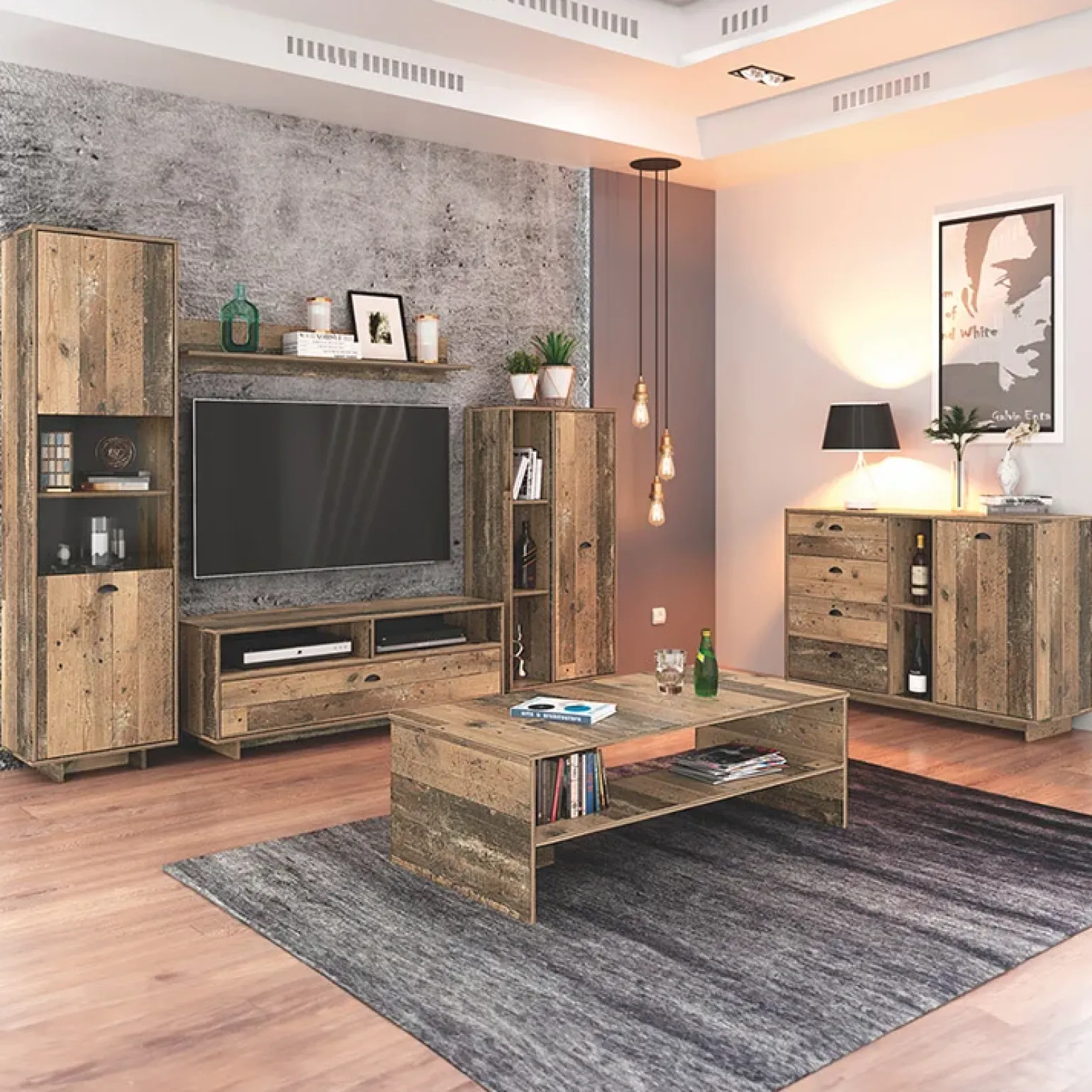 Set mobili soggiorno completo industrial legno vecchio antico West Gihome®