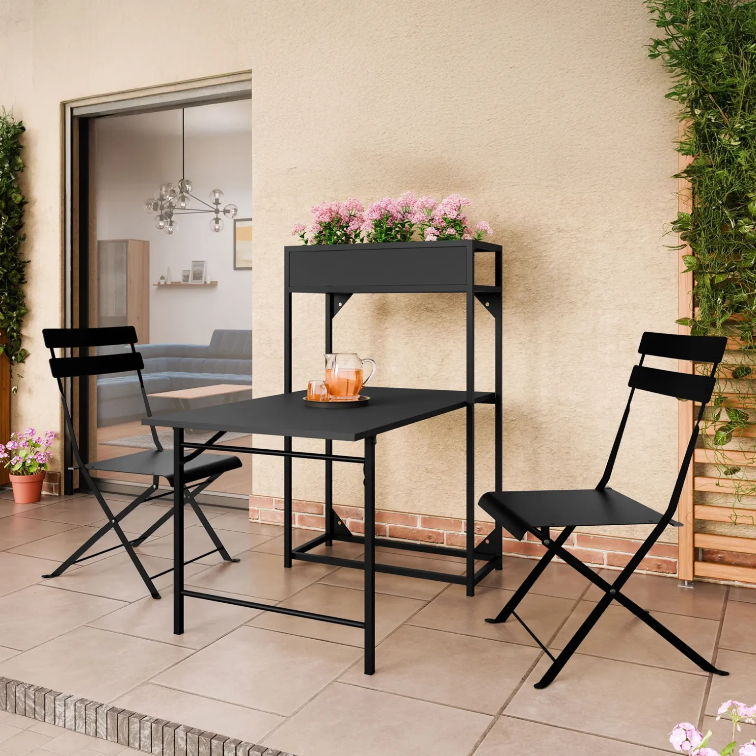 Set tavolo da giardino 2 sedie con fioriera nero Marin