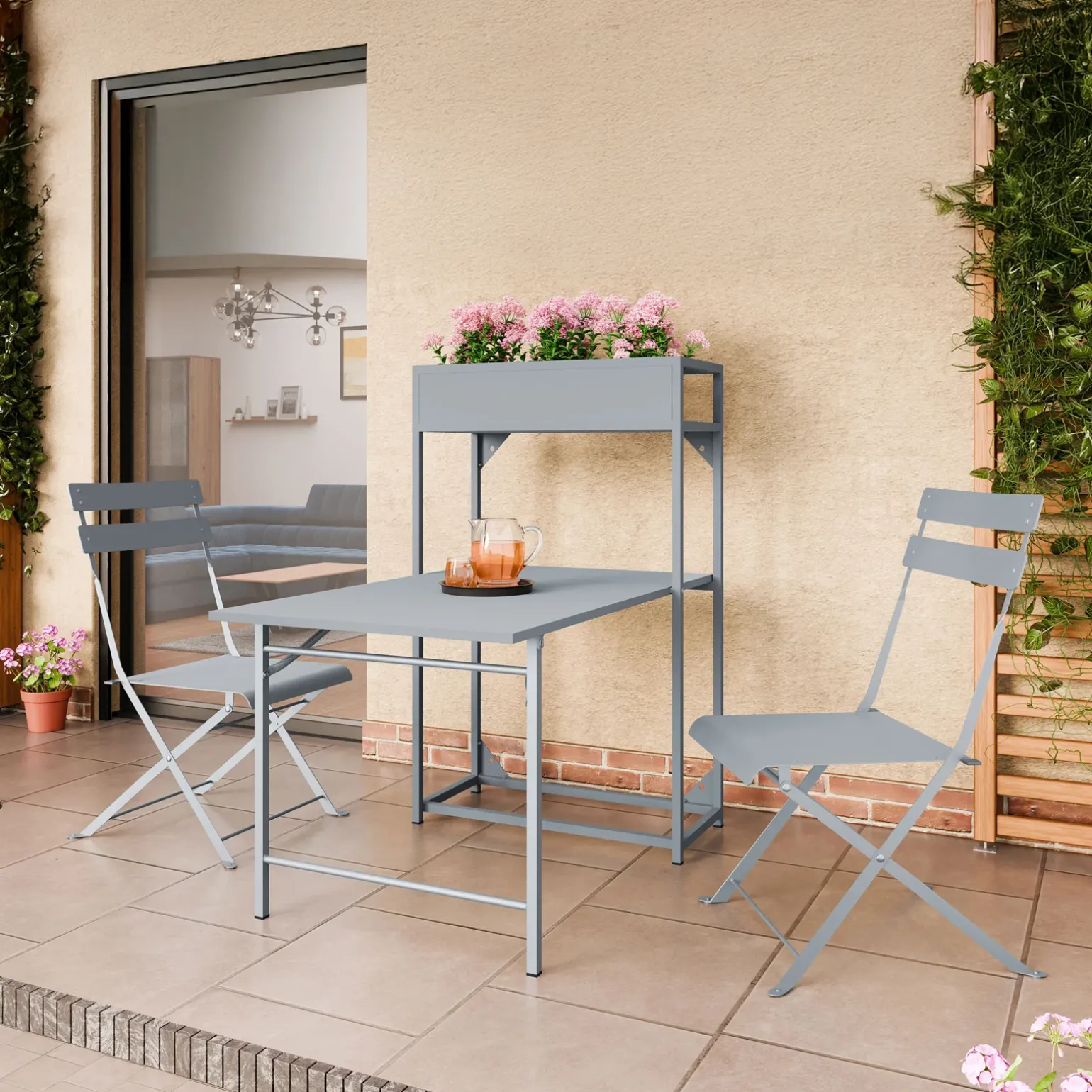 Set tavolo da giardino 2 sedie con fioriera grigio Marin