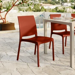 Set tavolo da giardino esterno dehors con vetro 150x90 cm bianco + 6 sedie rosso mattone Ivy