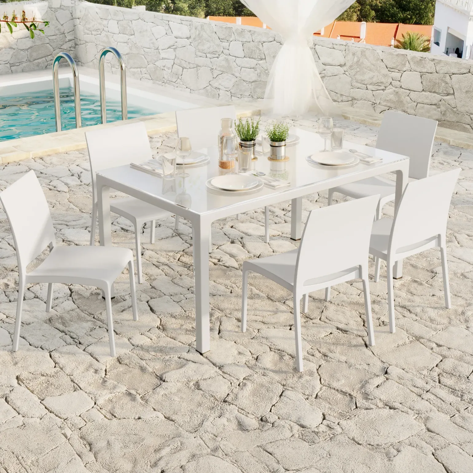 Set tavolo da giardino esterno dehors con vetro 150x90 cm bianco + 6 sedie bianco Ivy