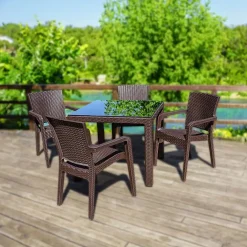 Set tavolo da giardino esterno dehors 90x90cm + 4 sedie effetto rattan marrone Solas