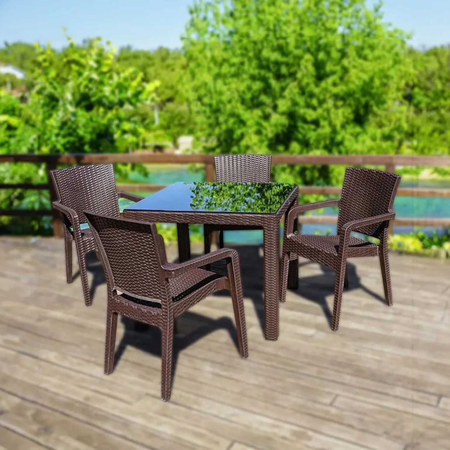Set tavolo da giardino esterno dehors 90x90cm + 4 sedie effetto rattan marrone Solas