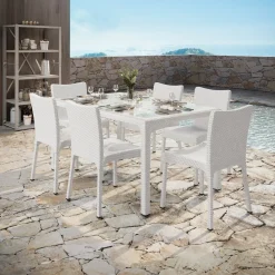 Set tavolo da giardino esterno bar dehors rettangolare 150x90cm + 6 sedie effetto rattan bianco Conchiglia