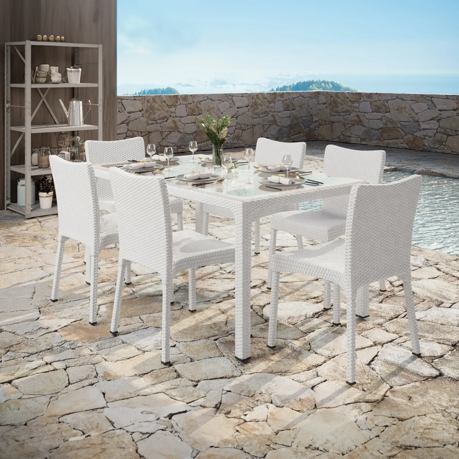 Set tavolo da giardino esterno bar dehors rettangolare 150x90cm + 6 sedie effetto rattan bianco Conchiglia