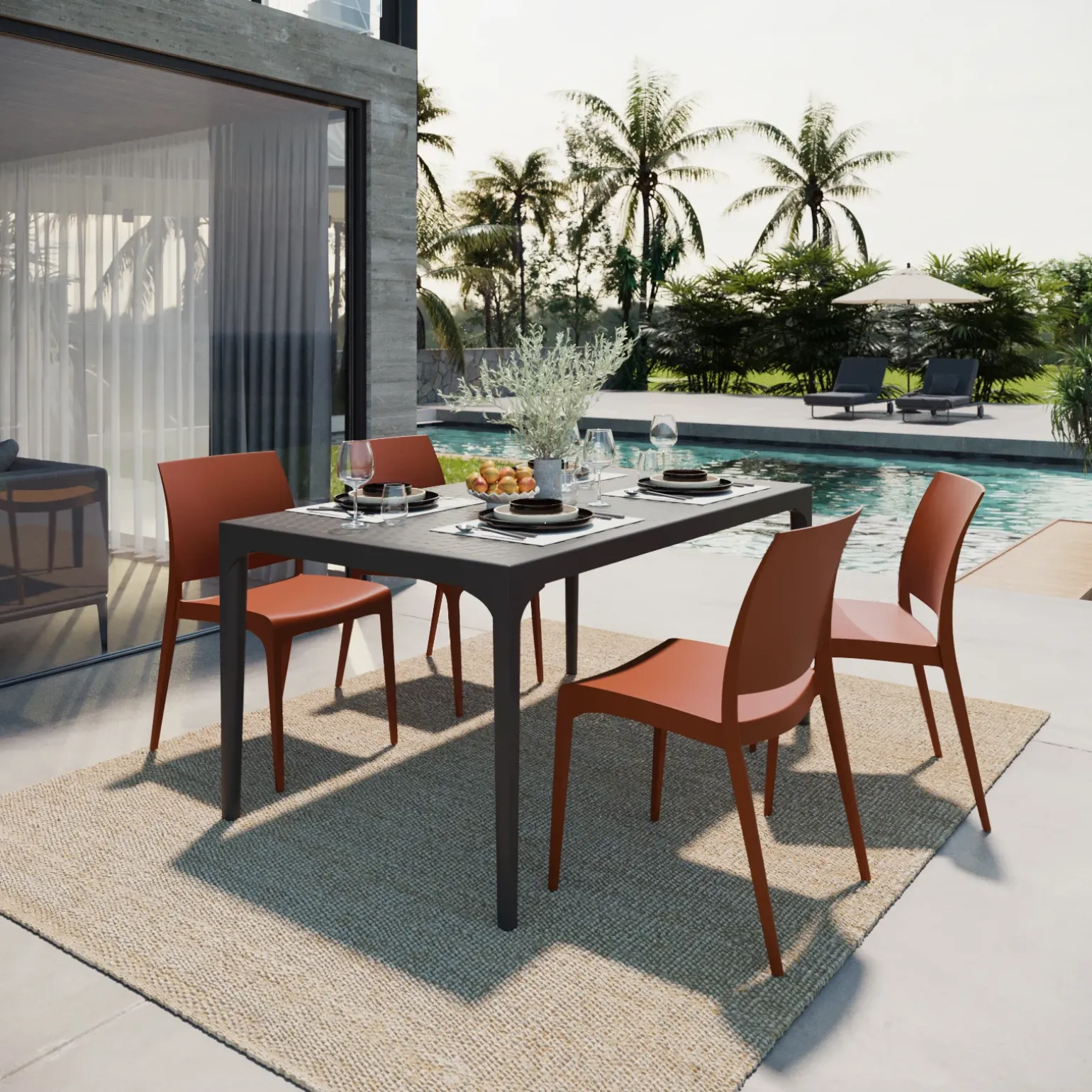 Set tavolo da giardino esterno dehors 150x90 cm antracite + 4 sedie rosso mattone Coral