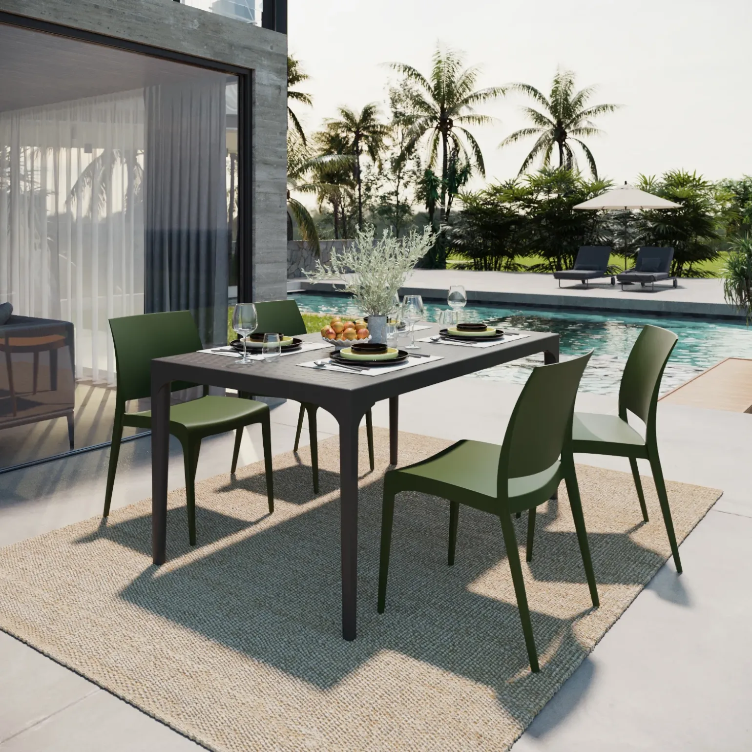 Set tavolo da giardino esterno dehors 150x90 cm antracite + 4 sedie verde Coral