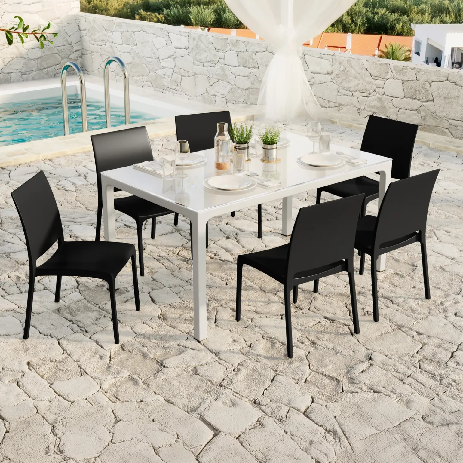 Set tavolo da giardino esterno dehors con vetro 150x90 cm bianco + 6 sedie nero Ivy