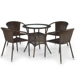Set tavolo in vetro 74x74cm + 4 sedie da giardino in rattan marrone Cubby