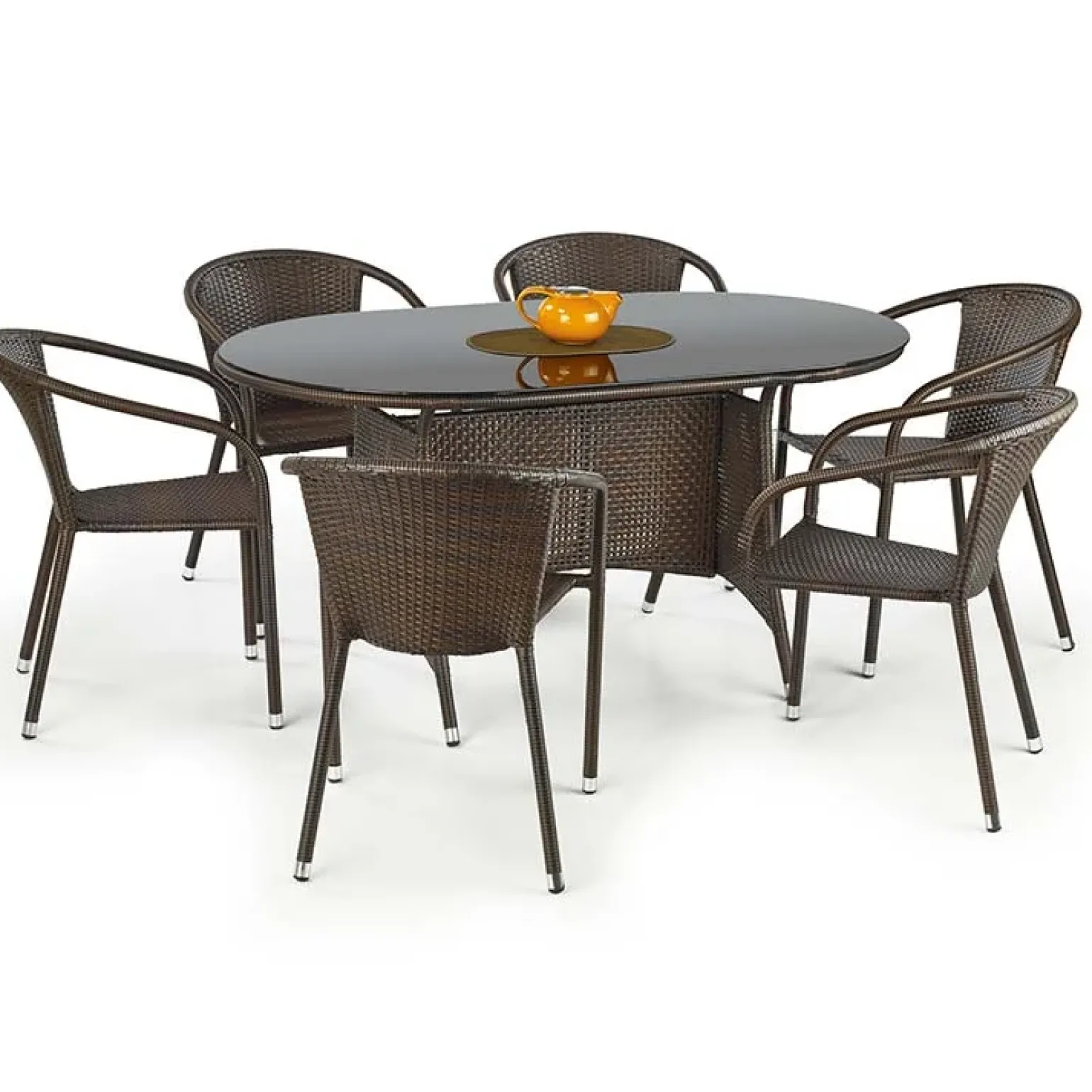 Set tavolo in vetro 150x90cm + 6 sedie da giardino in rattan marrone acciaio cromato Cubby