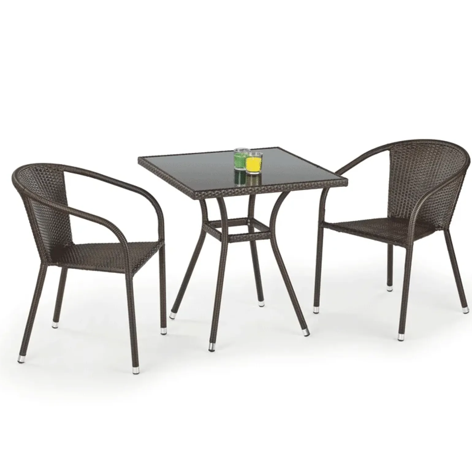Set tavolo in vetro 70x70cm + 2 sedie da giardino in rattan marrone Cubby