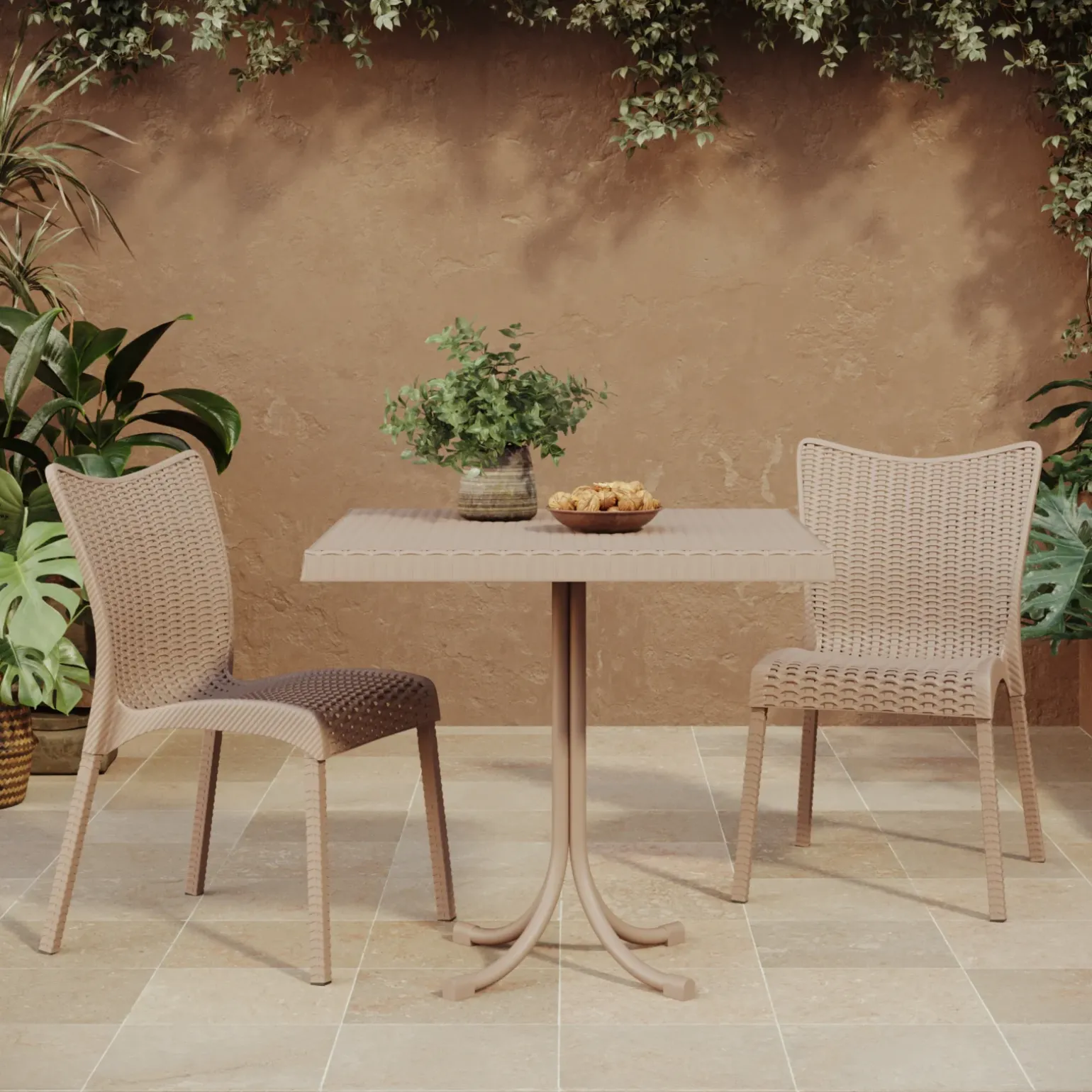 Set tavolo 80x80cm + 2 sedie da giardino polipropilene tortora Blossom