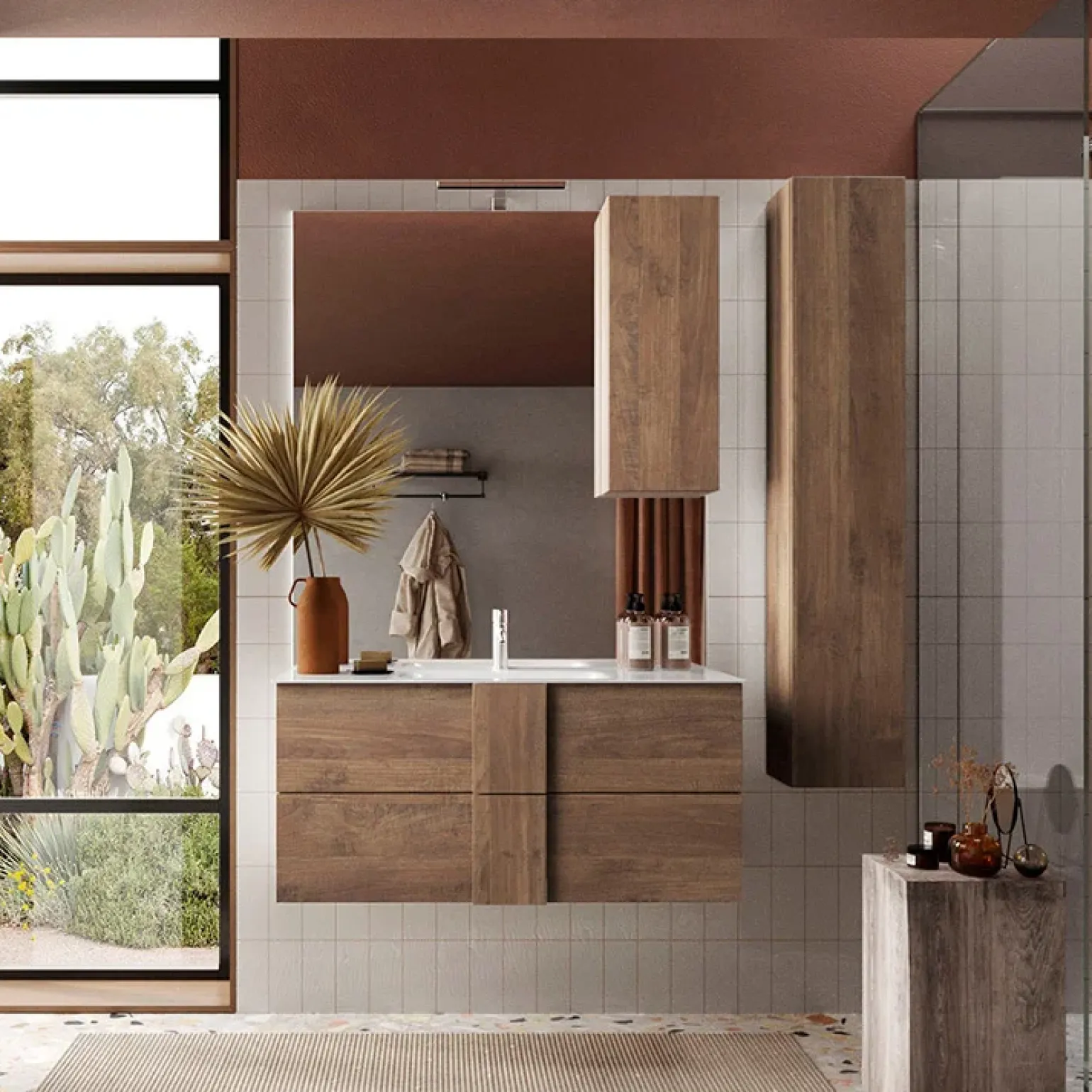 Specchiera 100x110cm bagno con led e pensile rovere Alvarez