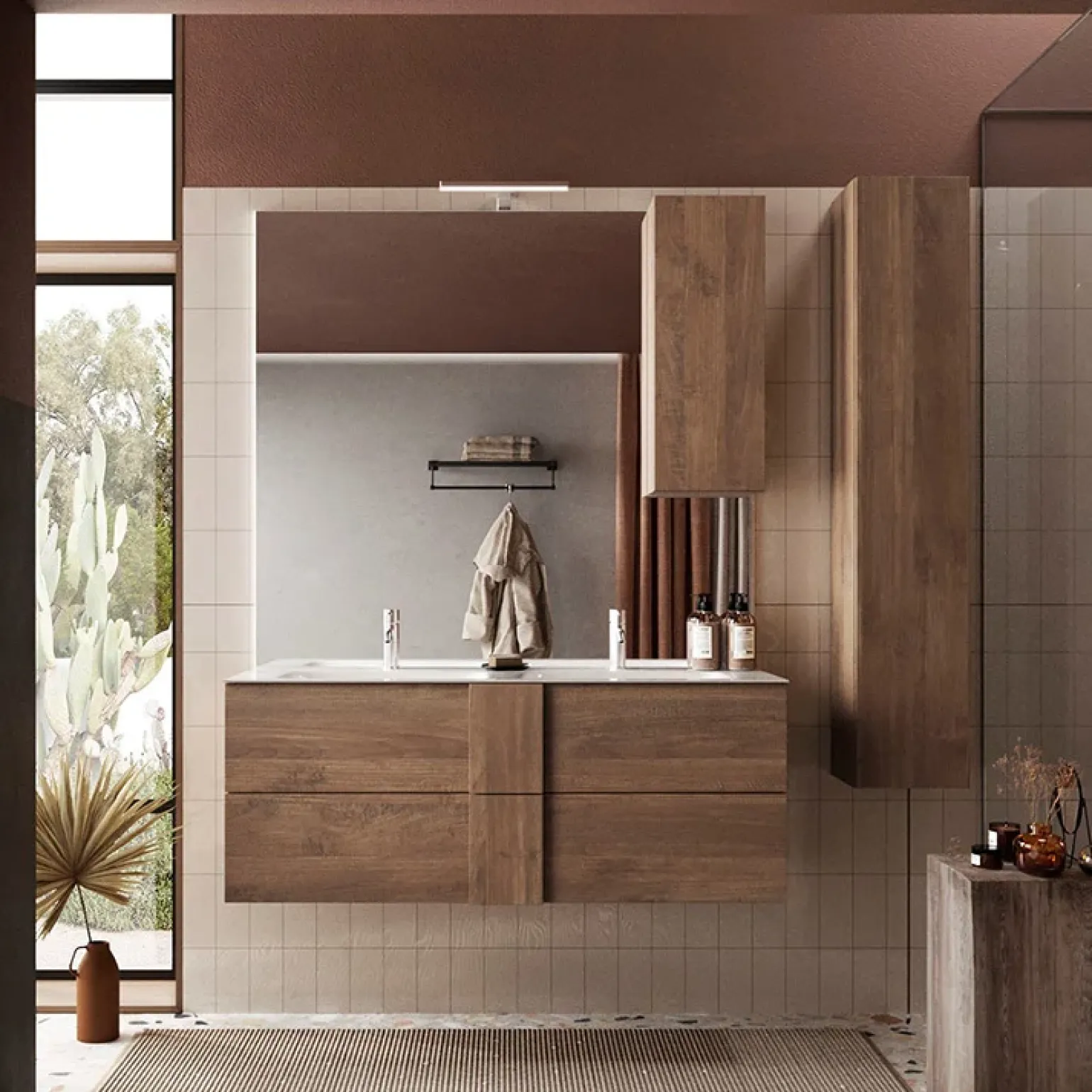 Specchiera 120x110cm bagno con led e pensile rovere Alvarez