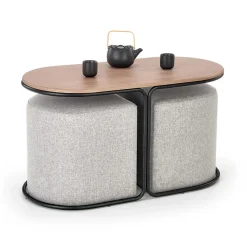 Tavolino da salotto con pouf in tessuto noce grigio nero Duchessa