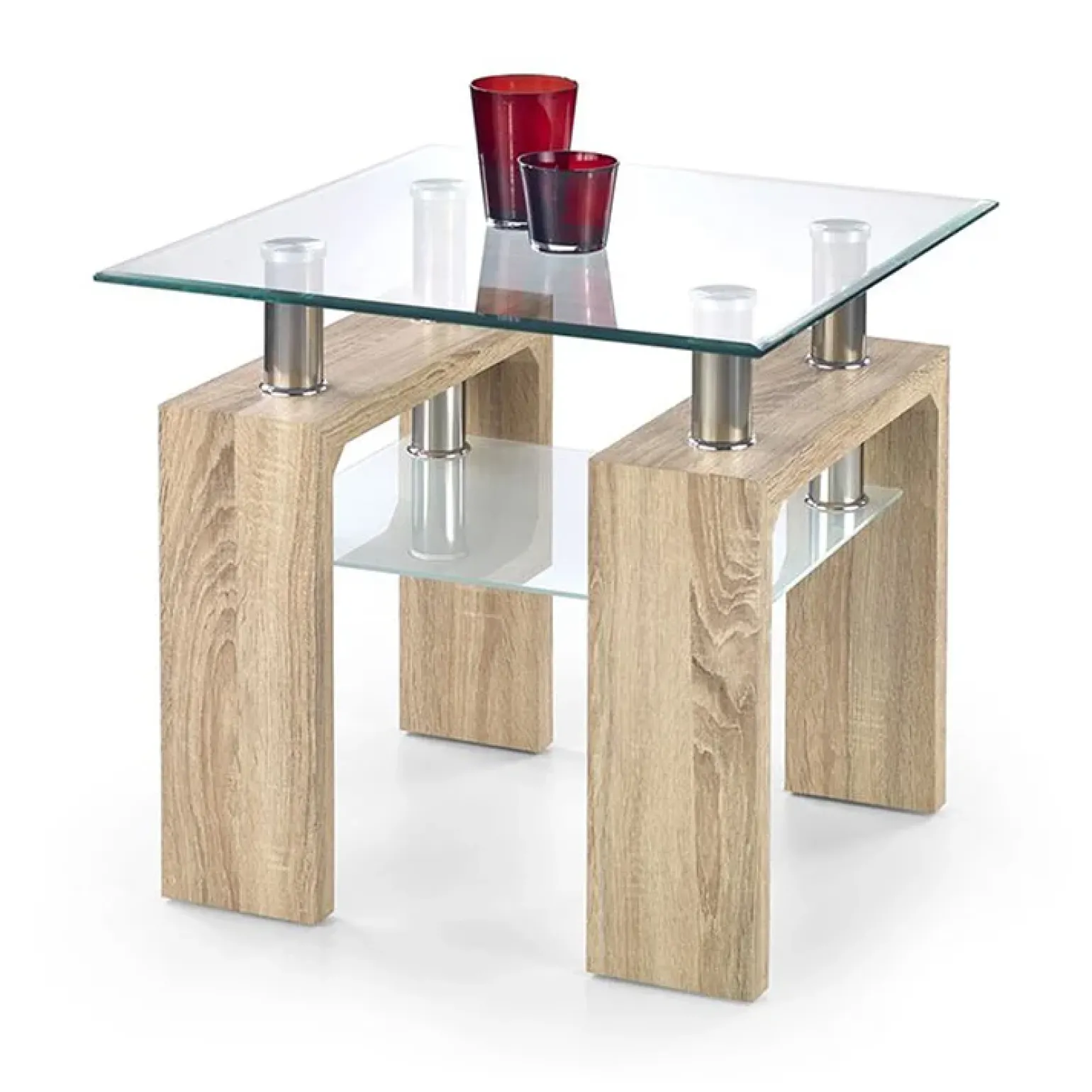 Tavolino da salotto con ripiano 60x60cm vetro rovere acciaio Herman
