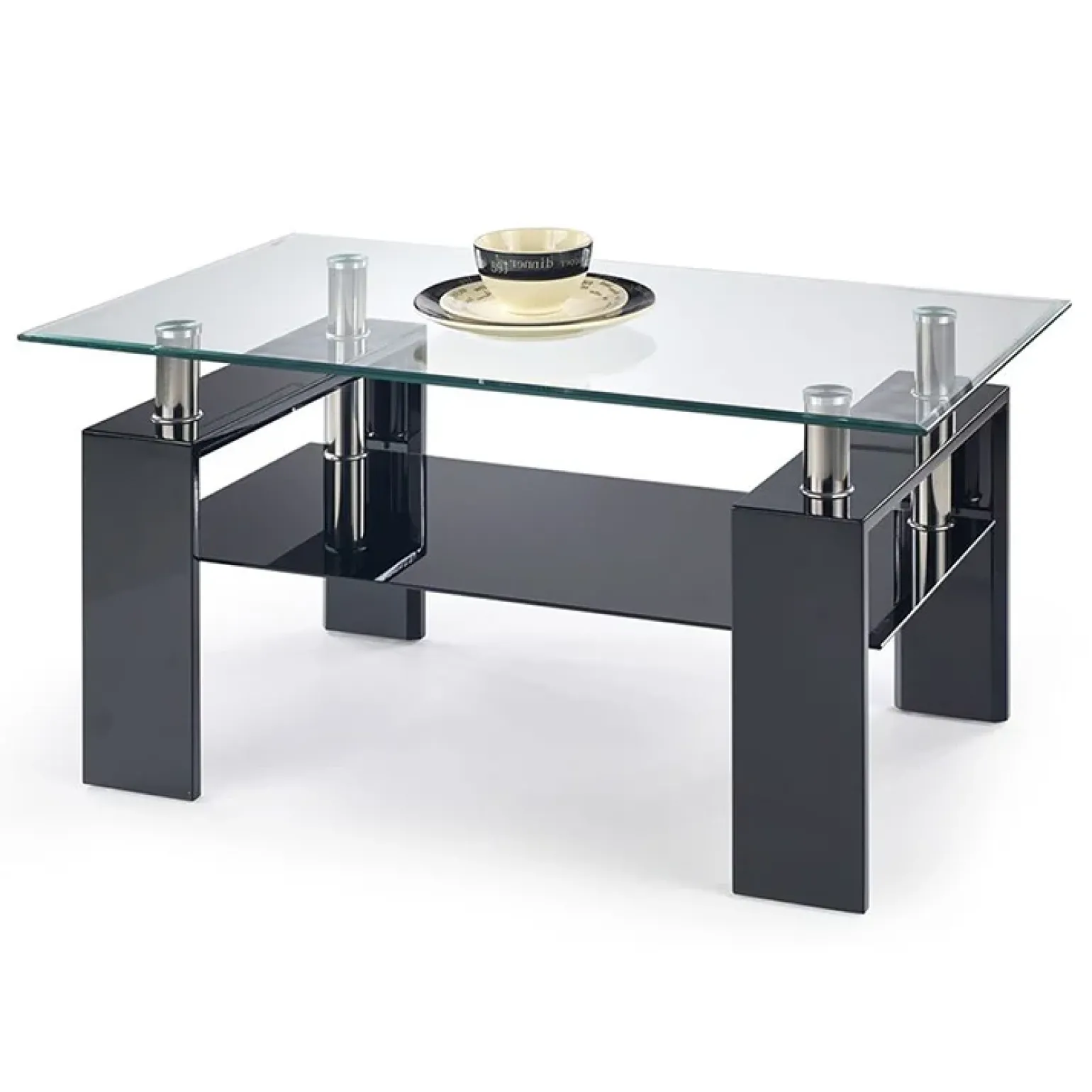 Tavolino da salotto con ripiano 110x60cm nero vetro acciaio Nigel