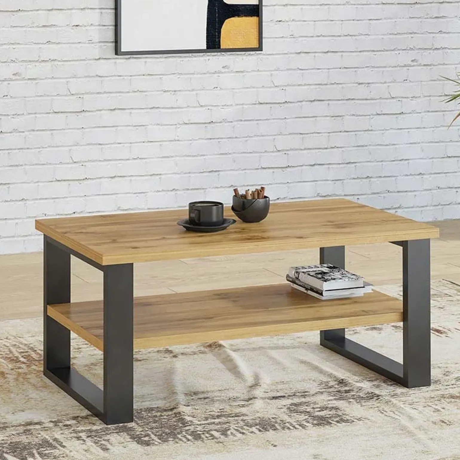 Tavolino da salotto con ripiano 110x60cm quercia metallo nero Petra