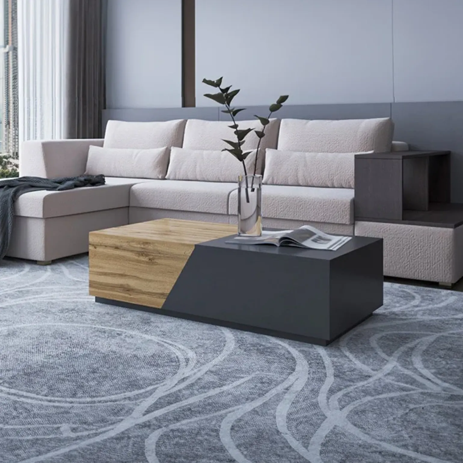 Tavolino da salotto contenitore 60x124cm apribile rovere antracite Modesta