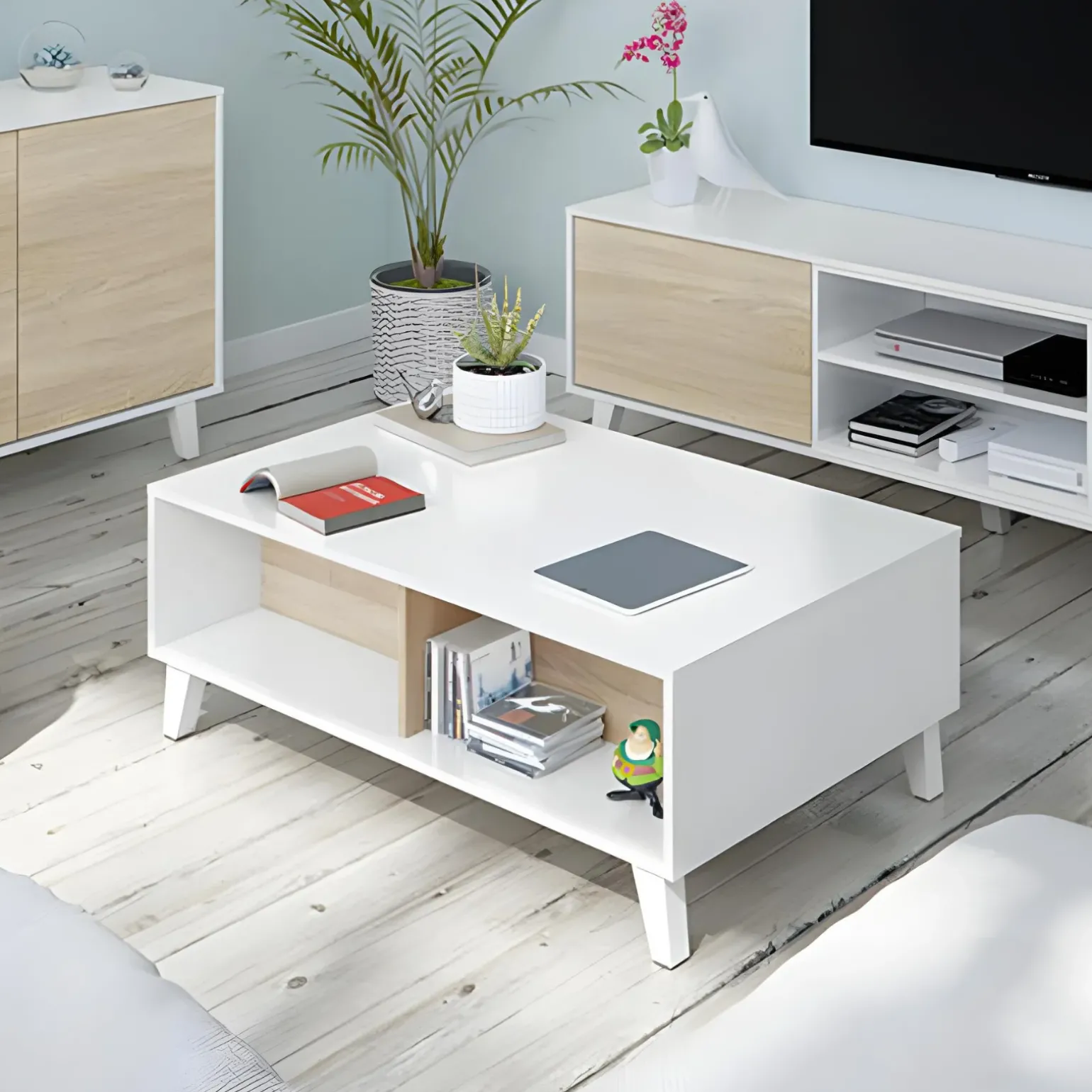 Tavolino da salotto contenitore 100x68cm design elevabile bianco rovere Ines