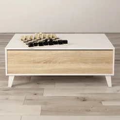 Tavolino da salotto contenitore 100x68cm design elevabile bianco rovere Ines