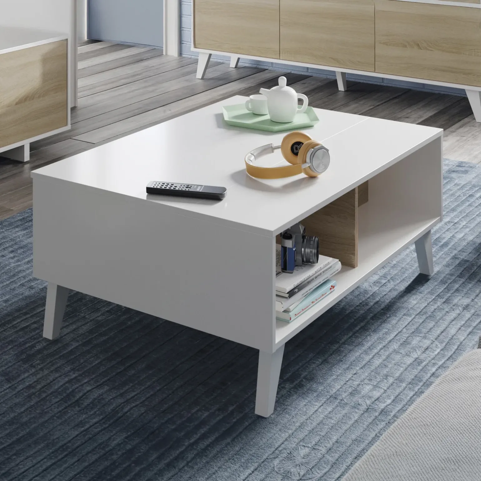 Tavolino da salotto contenitore 100x68cm design elevabile bianco rovere Ines