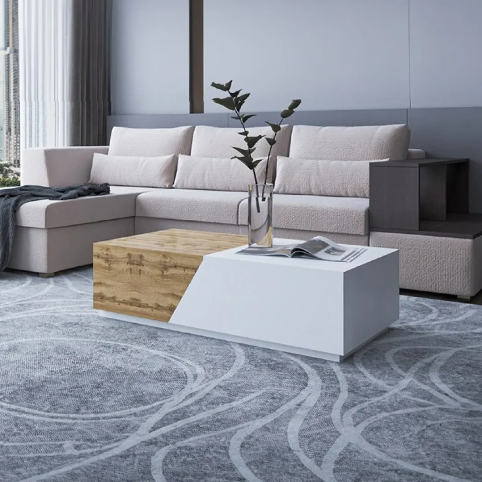 Tavolino da salotto contenitore 60x124cm apribile rovere bianco Modesta